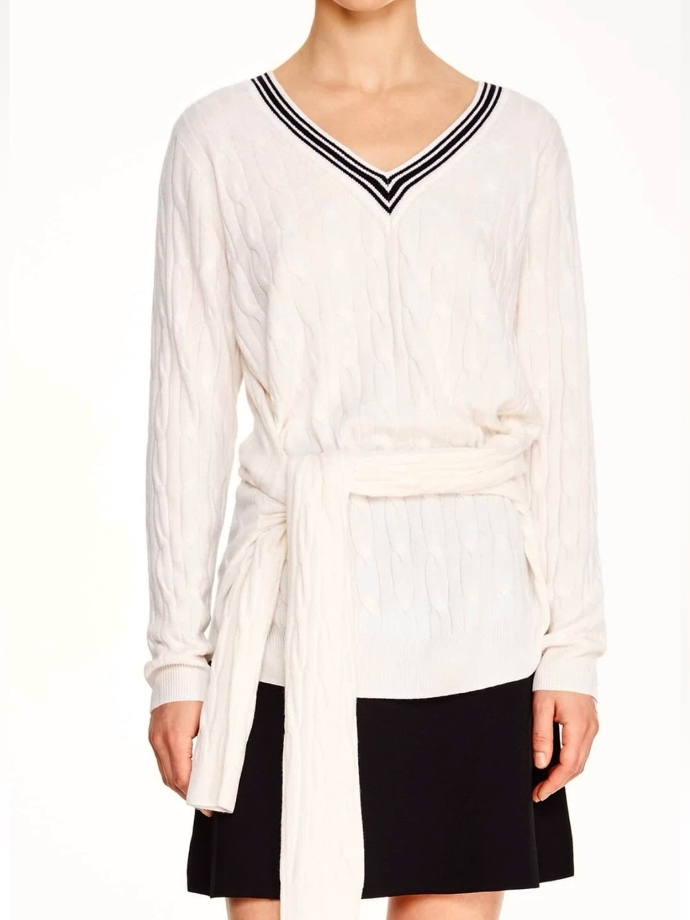 Sandro Emma Tie Front V-Neck Cable Knit Sweater